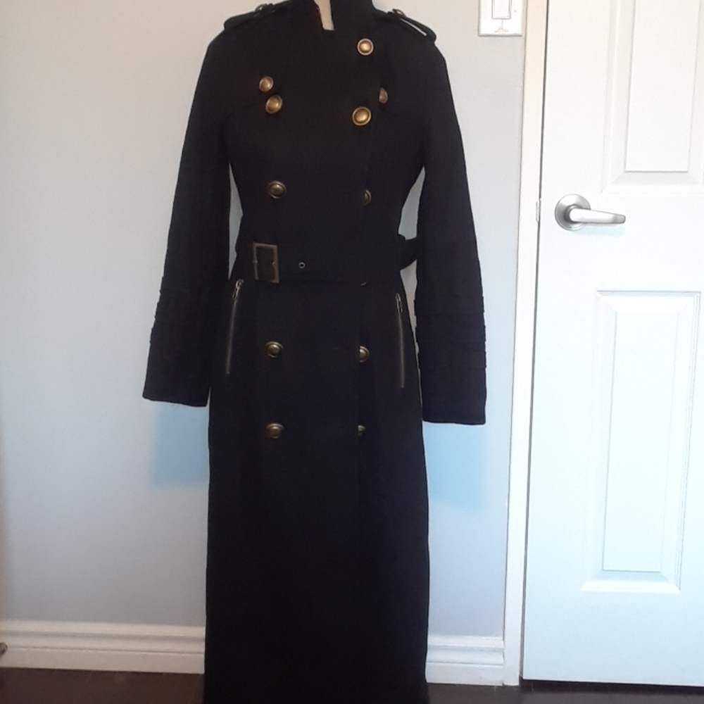 Long military style true black wool coat